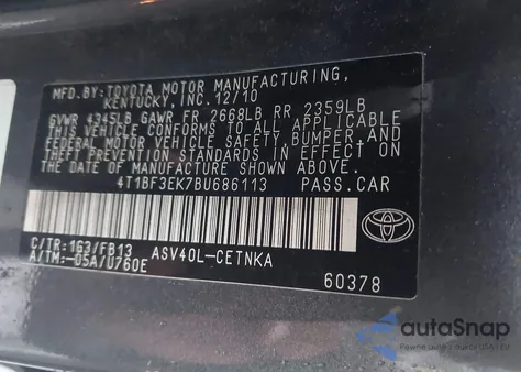 2011 Toyota Camry Se/Le/Xle z USA, uszkodzony, nr VIN 4T1BF3EK7BU686113